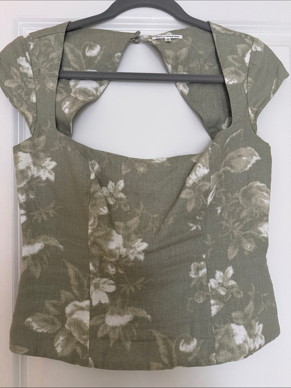Reformation Sage Green Floral Scoop-Neck Cap Sleeve Top